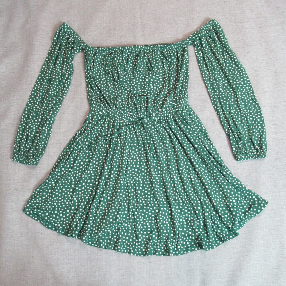 Asos Dress Womens 6 Green Polka Dot Long Sleeve Off The Shoulder Picnic Preppy